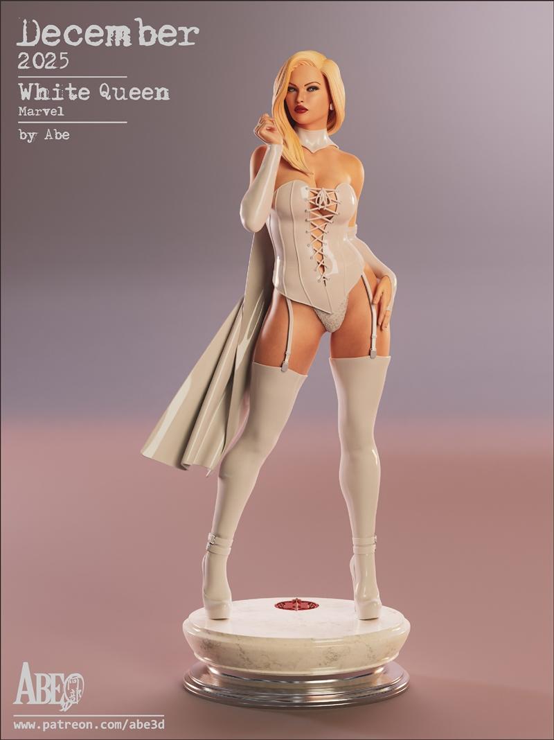 Emma Frost White Queen 3D model by Abe3D, wearing a white corset, thigh-high boots, and cape, standing on a marble base.