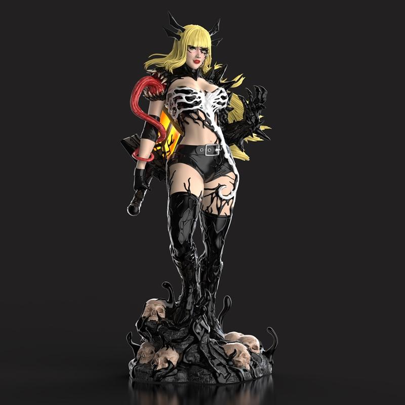 Venomized Magik 3D model figure, blonde hair, black and white symbiotic costume, thigh-high boots, standing on a base...