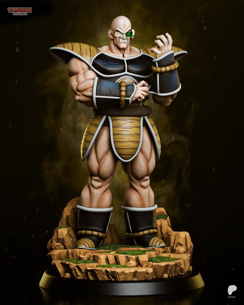 Nappa from Dragon Ball Z figure, standing on a rocky base, wearing Saiyan armor and a scouter, arms crossed in a powe...