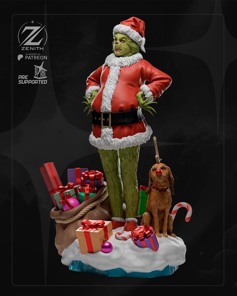 Grinch in a Santa suit with a sack of gifts and his dog Max on a snowy base, 3D model by Zenith Studios.