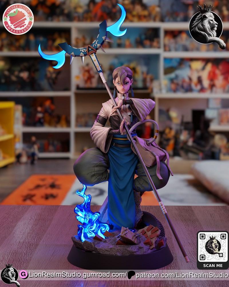 Zanka Nijiku anime figure from Gachiakuta, holding a staff with blue energy, standing on a base with blue flames. Lio...