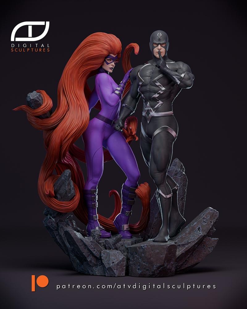 3D model of Marvel's Black Bolt and Medusa standing on a rocky base. Black Bolt wears a black suit and has a finger t...