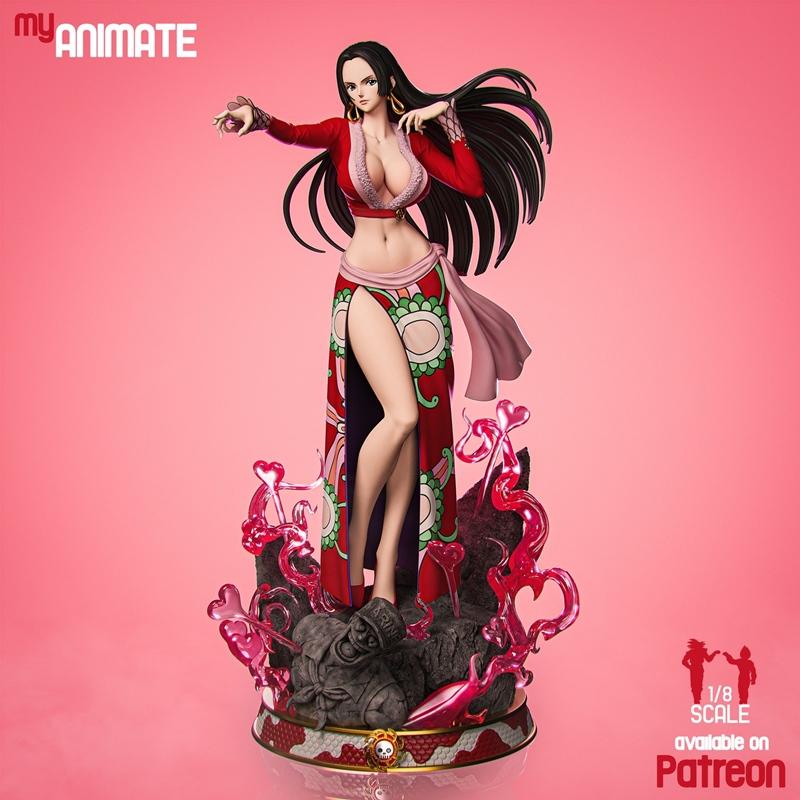 MyAnimate 1/8 scale 3D print figure of Boa Hancock from One Piece, wearing a red dress with a high slit, striking a s...