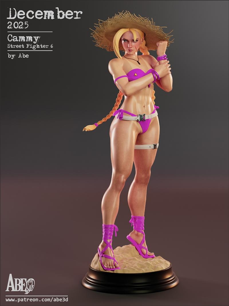 3D model of Cammy from Street Fighter 6 in a pink bikini and straw hat, standing on a sandy base.