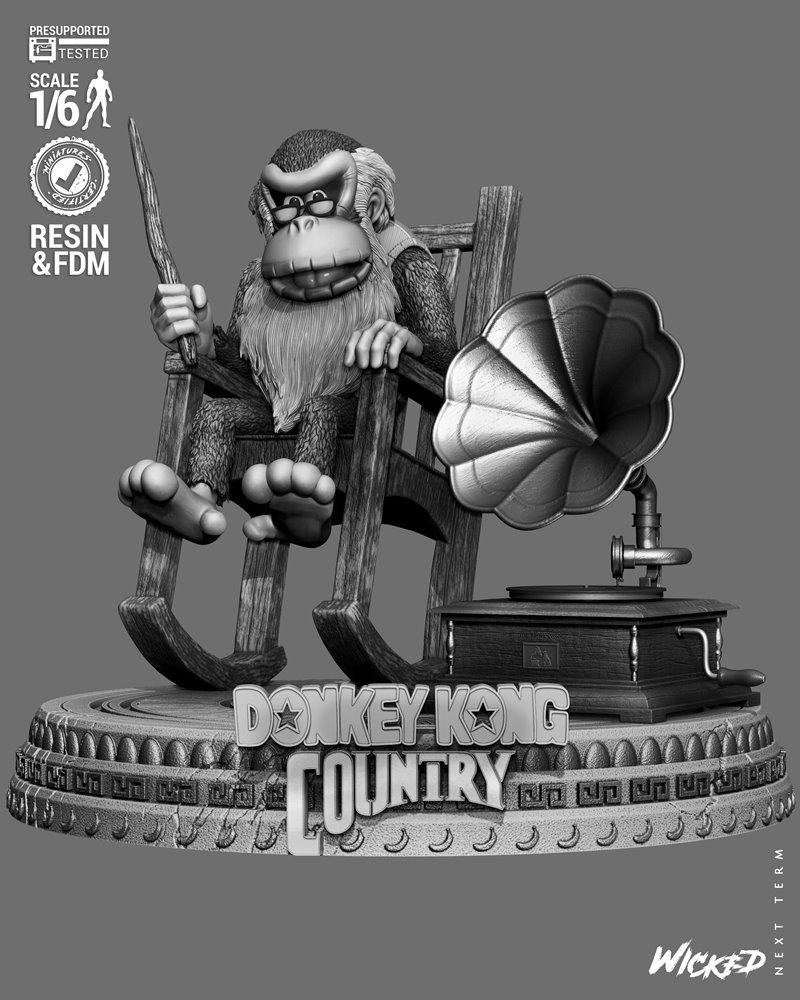 Cranky Kong figure in a rocking chair, holding a cane, with a gramophone and "Donkey Kong Country" logo bas...