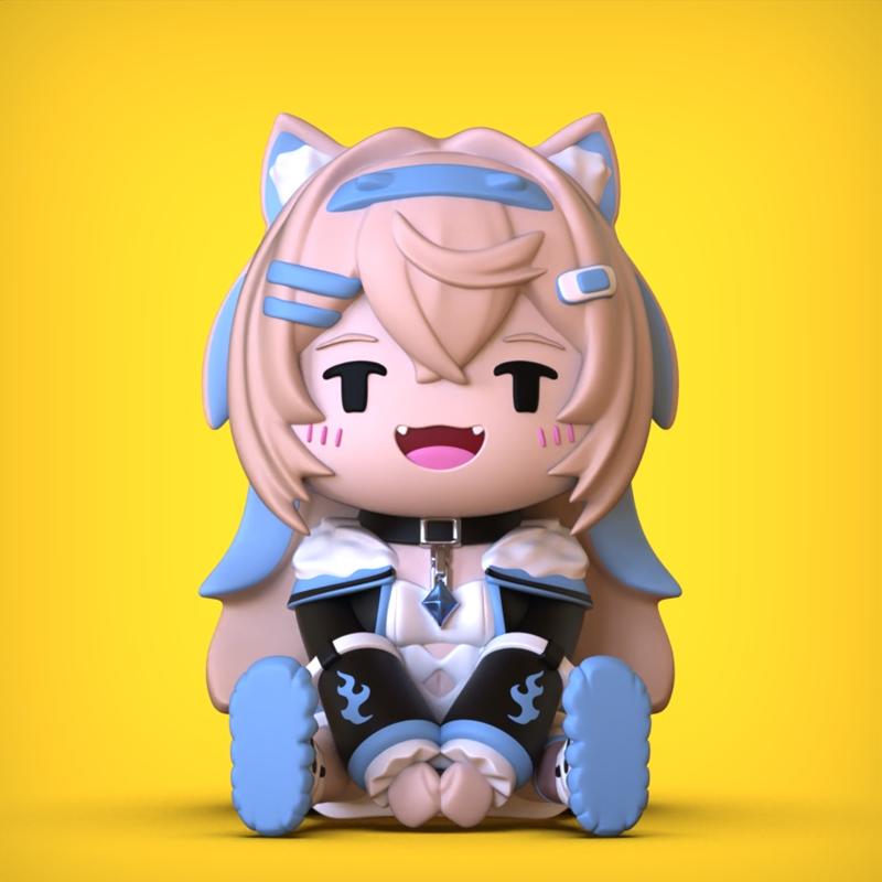 Chibi Fuwawa 3D model figure, sitting with legs crossed, wearing a white outfit with blue trim and a black collar. Fe...