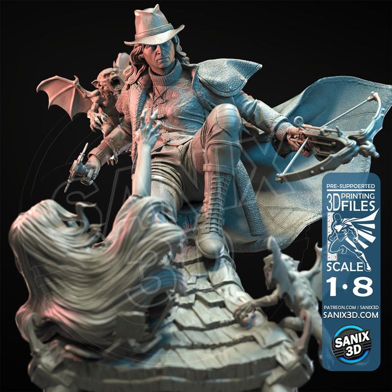 Van Helsing 3D model figure, wearing a fedora, long coat, and boots, holding a pistol and crossbow, seated on a rocky...