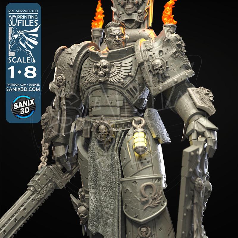 Close-up of a grimdark sci-fi warrior figure in detailed power armor, holding a chainsword, with flames on its should...
