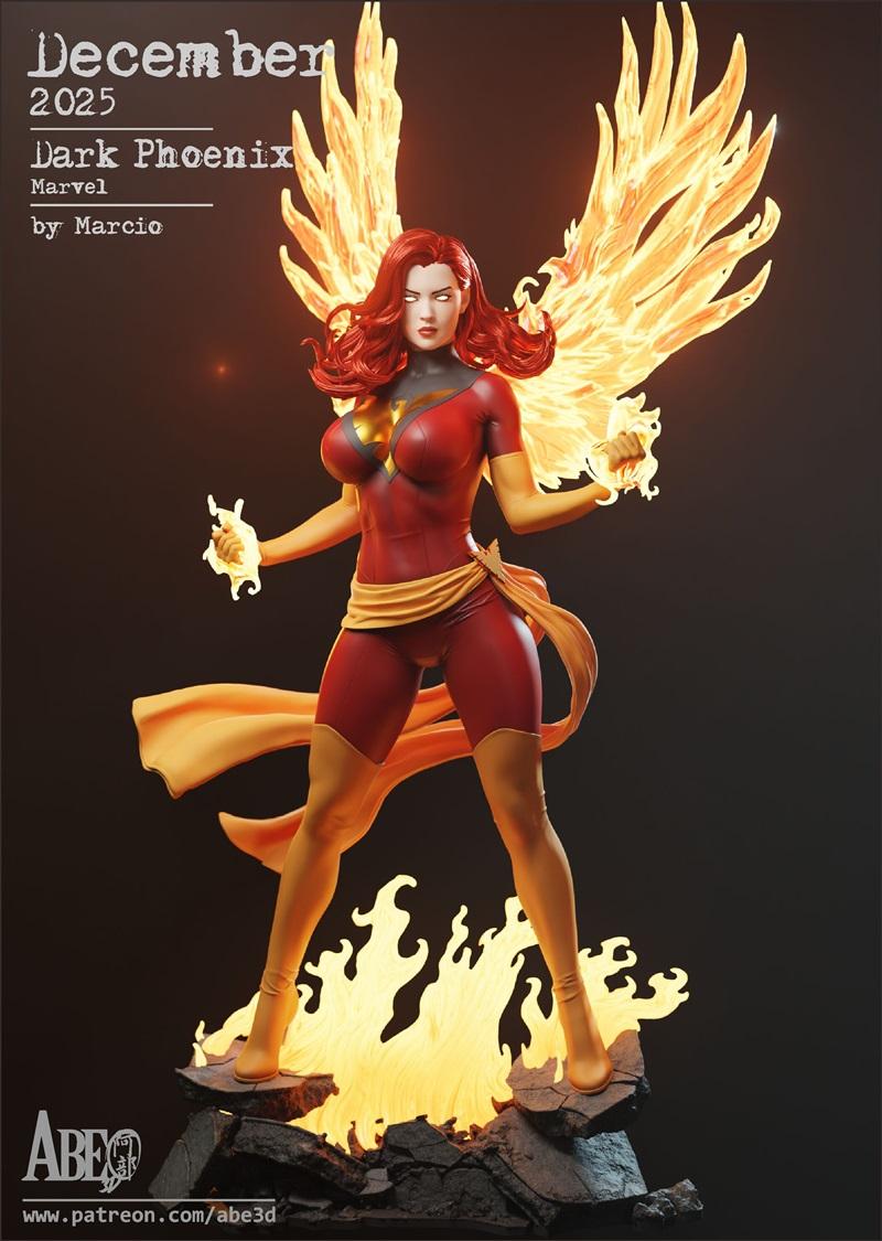 Jean Grey Dark Phoenix 3D model by Abe3D, standing heroically with fiery wings and energy blasts, wearing a red and g...