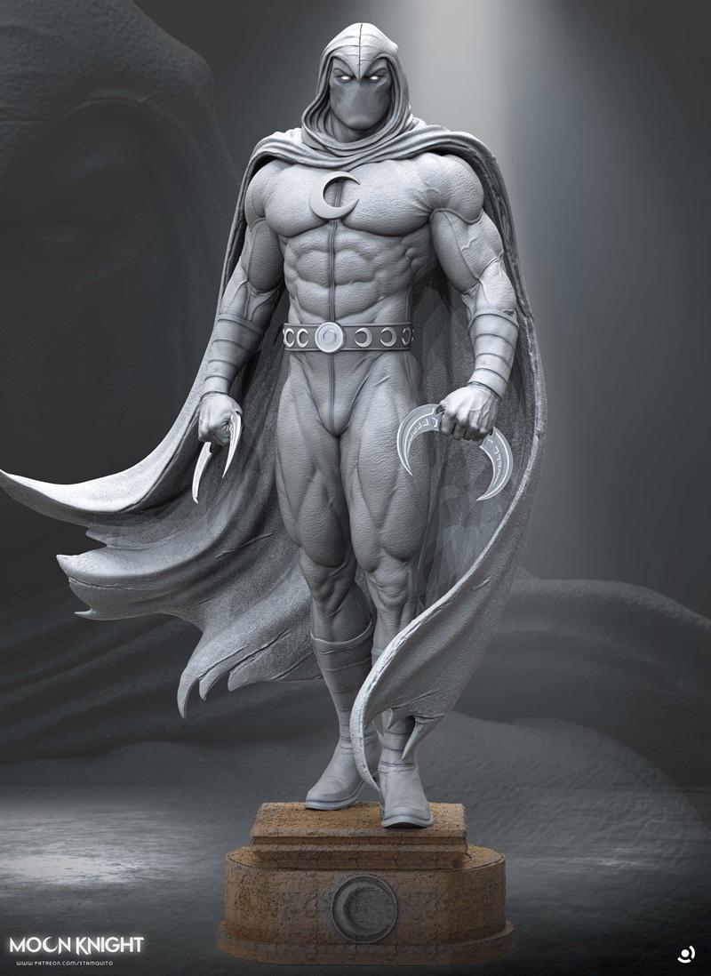 Stalyn Quito 3D model of Moon Knight, a muscular figure in a hooded cape, holding crescent darts, standing on a textu...