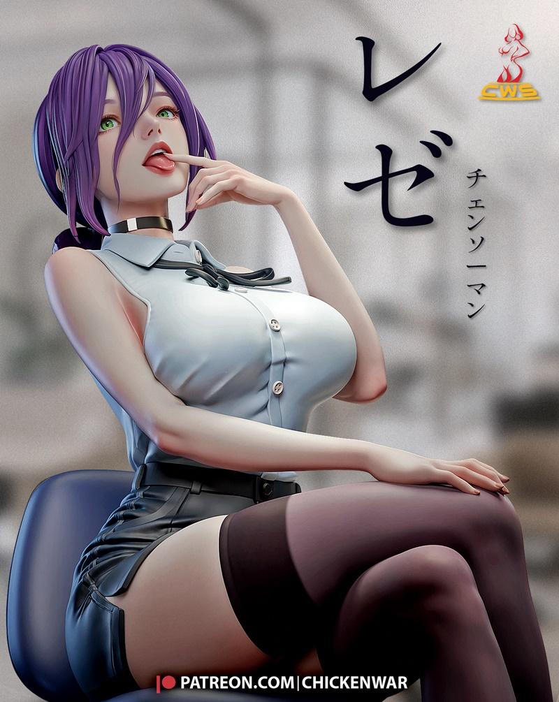 Reze from Chainsaw Man anime, seated figure with purple hair, green eyes, wearing a white shirt, black skirt, and sto...