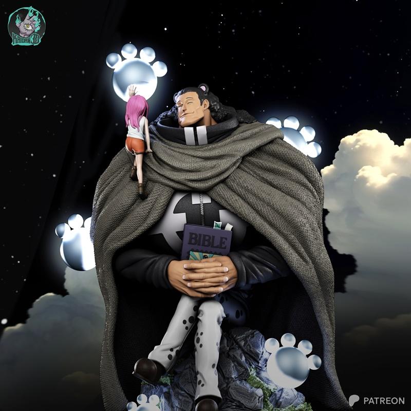 3D model figure of Bartholomew Kuma from One Piece, seated with a Bible, while Jewelry Bonney climbs on his shoulder,...