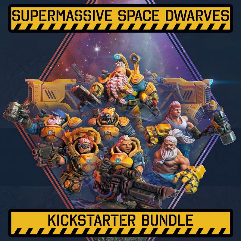 Group of seven 3D printed sci-fi dwarf figures in yellow and blue armor, holding large weapons and tools against a st...