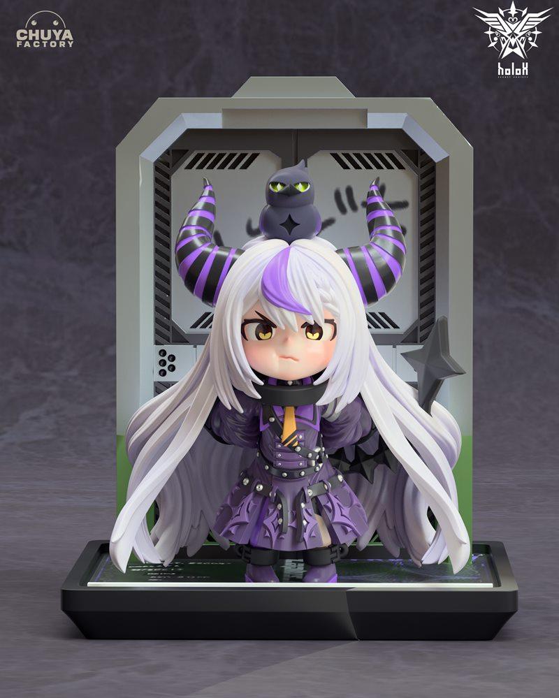 Chibi LaPlus Darkness figure with white hair, purple and black striped horns, and a gothic purple dress, with a small...