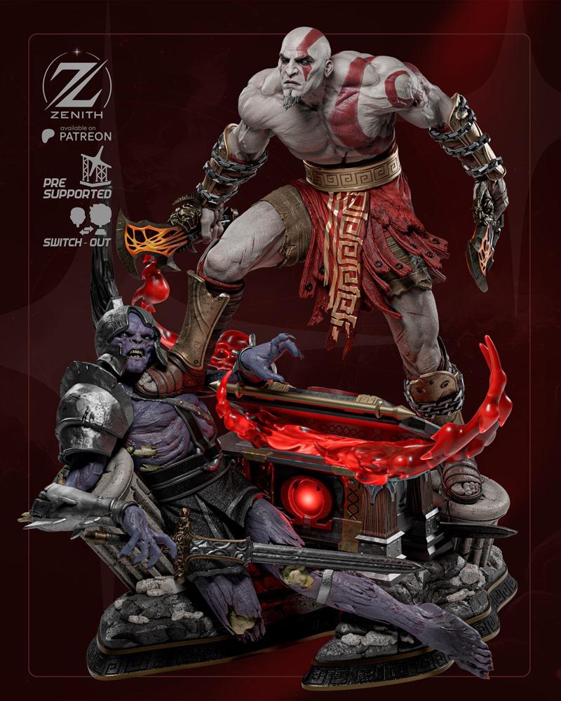 Kratos in a dynamic combat pose, wielding his axe and blades, standing over a defeated armored enemy. Zenith Studios...
