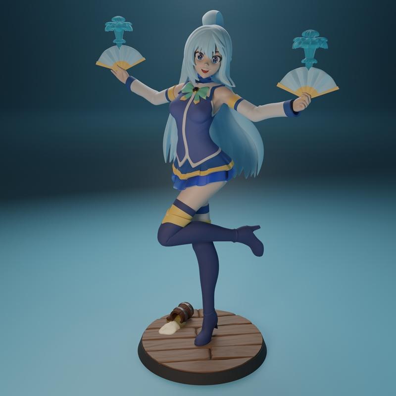 Aqua from Konosuba anime 3D model figure, holding two fans, wearing blue and yellow outfit with thigh-highs, standing...