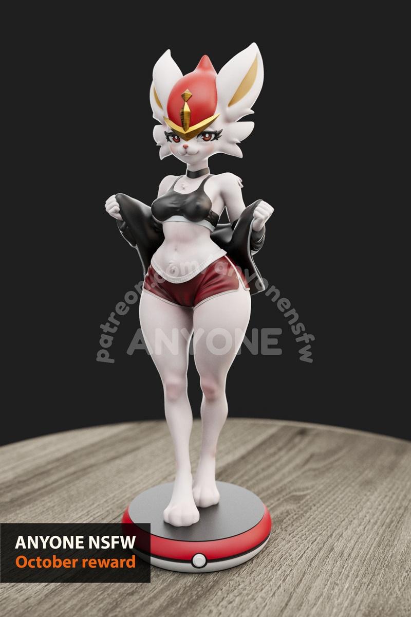 Anthropomorphic Cinderace figure from Pokémon, wearing a sports bra, shorts, and jacket, standing on a Poké Ball base.
