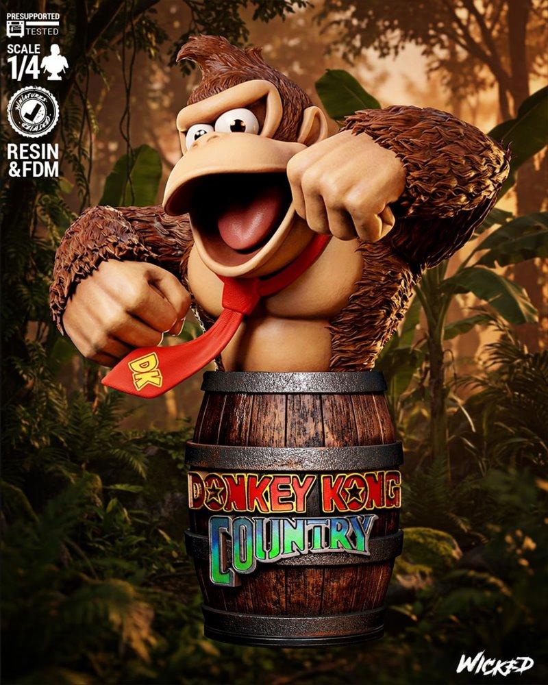 Donkey Kong bust emerging from a "Donkey Kong Country" barrel, wearing a red tie with DK logo. Studio Wicke...