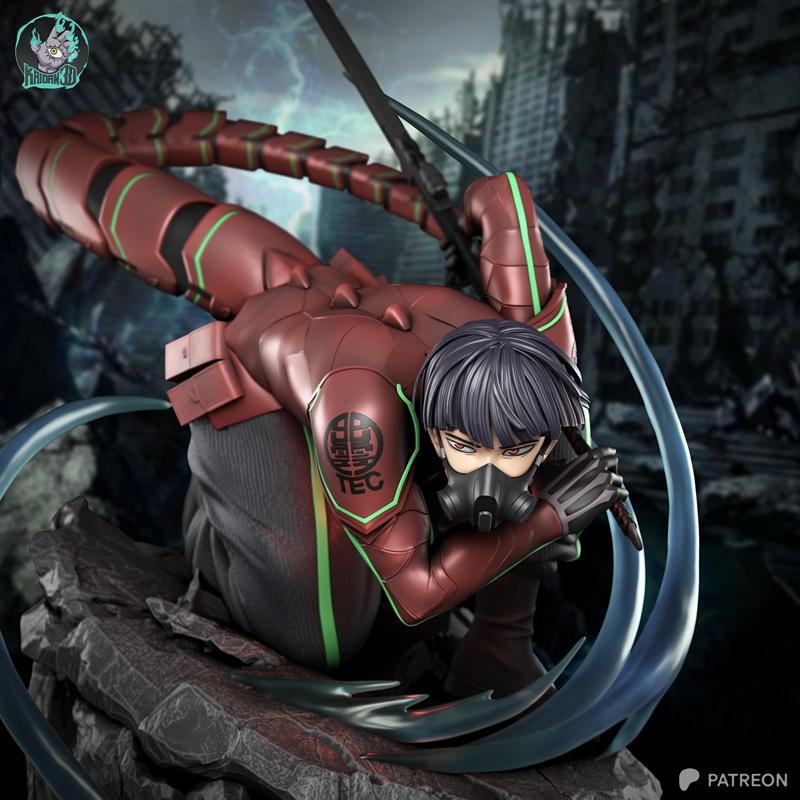 Hoshina from Chainsaw Man in a crouching combat pose, wearing red segmented armor with green accents and a gas mask....