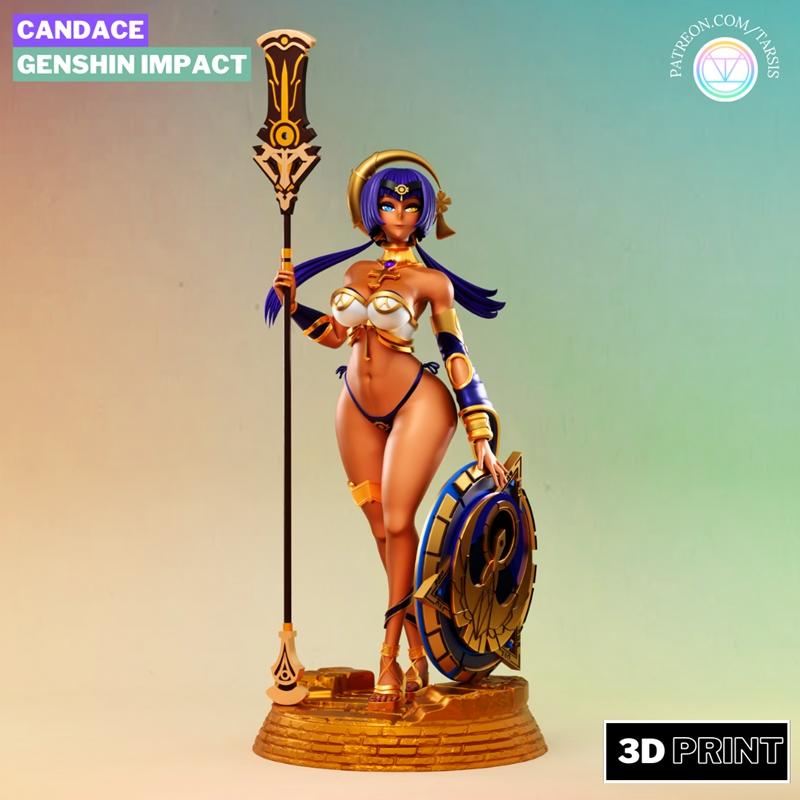 Candace from Genshin Impact 3D print model by Tarsis, holding a spear and shield, wearing a blue and white swimsuit,...