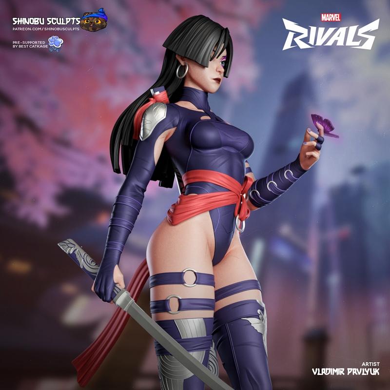 Psylocke 3D model figure by Shinobu Sculpts, wearing a purple bodysuit with red sash, holding a katana and a butterfly.