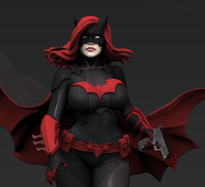 Batwoman 3D model figure by CG Pyro Digital Artist, wearing black and red suit with bat emblem, holding a handgun, re...