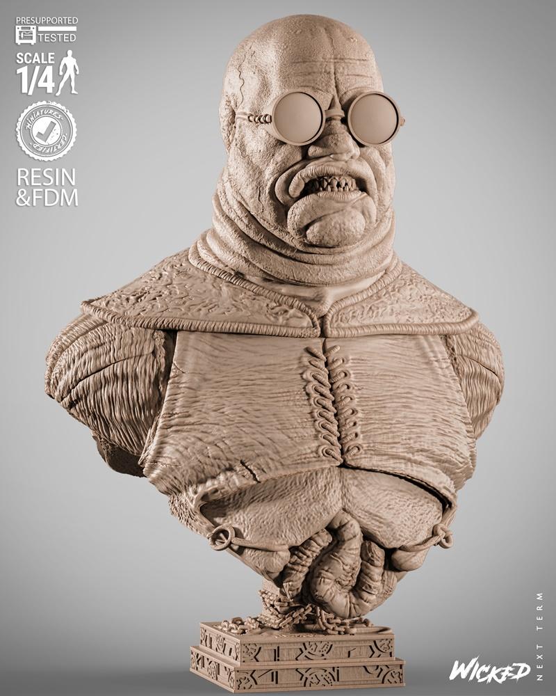 Bust of a grotesque, wrinkled male character with round steampunk goggles and a grimacing expression, wearing texture...