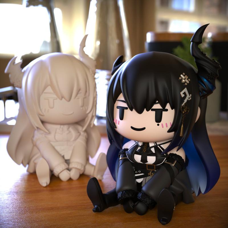 Chibi-style 3D printable figure of Nerissa, shown in both unpainted and colored versions. Nerissa has black hair, hor...