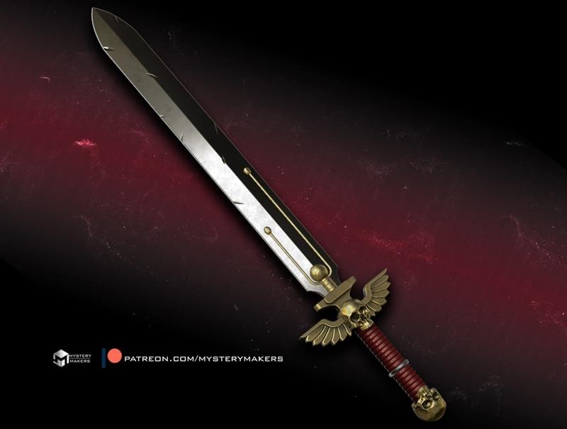 A detailed 3D model of a Warhammer 40k power sword with a golden hilt, winged skull motifs, and a dark blade.