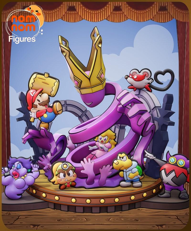 Chibi Paper Mario diorama with Mario, Peach, Goomba, and other characters on a stage, designed by Nomnom Figures.