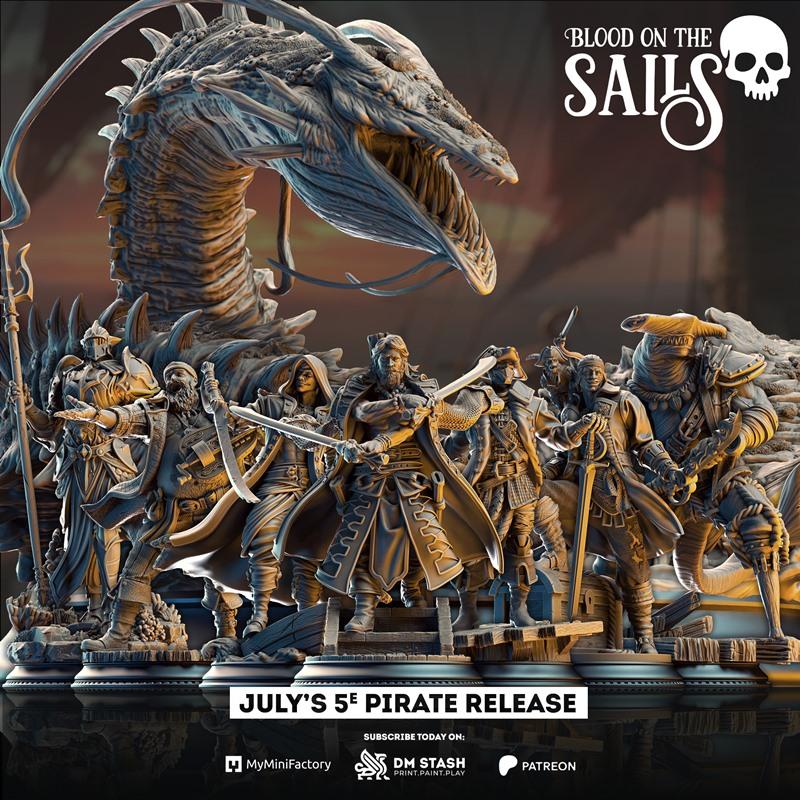 A group of pirate miniatures with swords and armor, led by a man with a beard and ornate coat, stand before a large,...