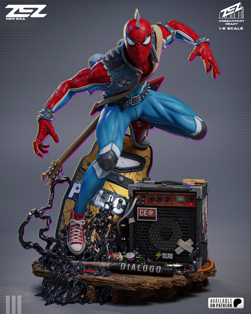 ZEZ Studio 1:6 scale Spider-Punk 3D model figure in dynamic pose with guitar and amplifier on a detailed base.