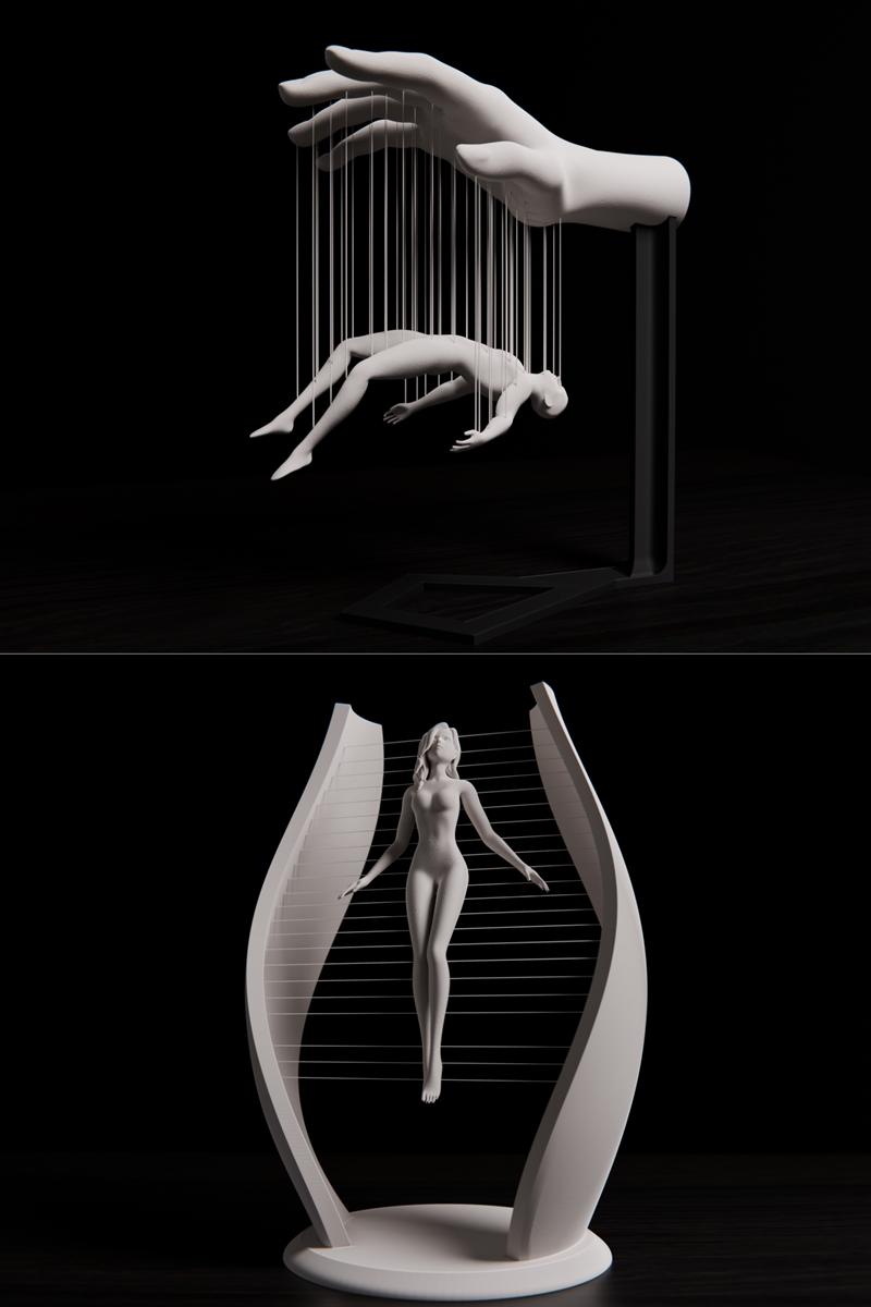 3D model STL of a figure controlled by strings from a hand, and a female figure suspended in a harp-like structure.