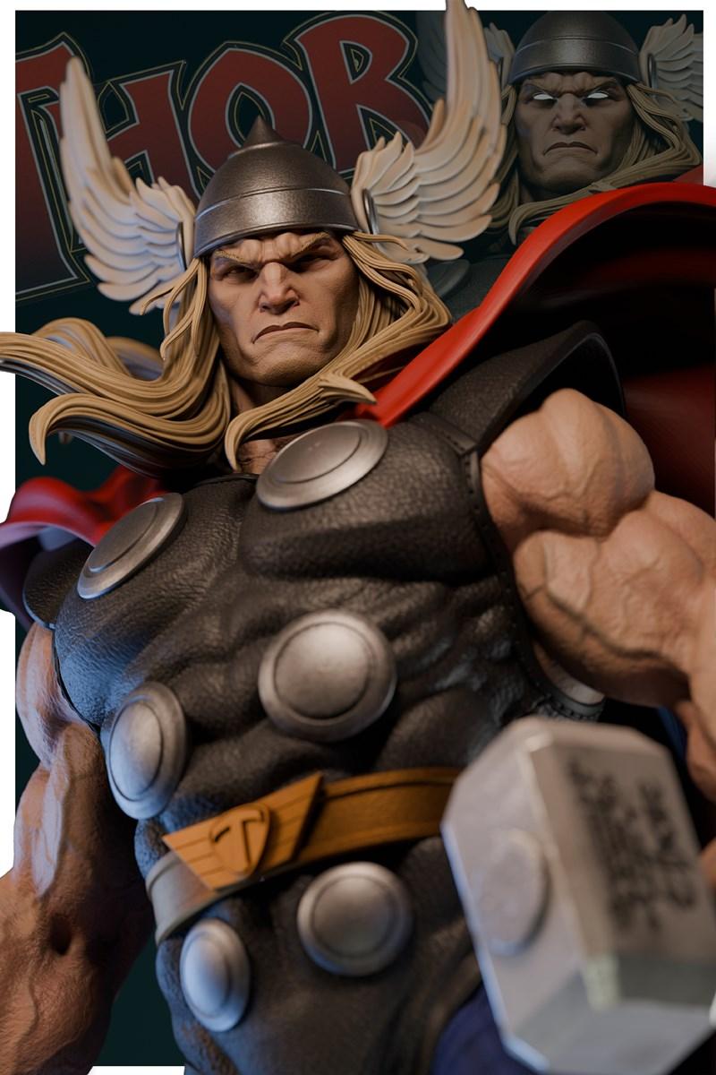 ZEZ Studios 3D model of Thor, wearing a winged helmet and red cape, holding Mjolnir, with a determined expression.