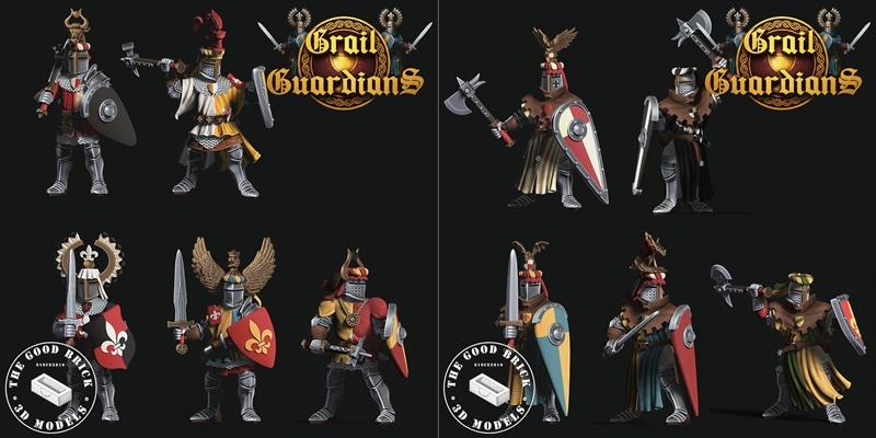 Collection of 3D printable Bretonn foot knights in medieval armor, holding swords, axes, and shields. Some knights ha...