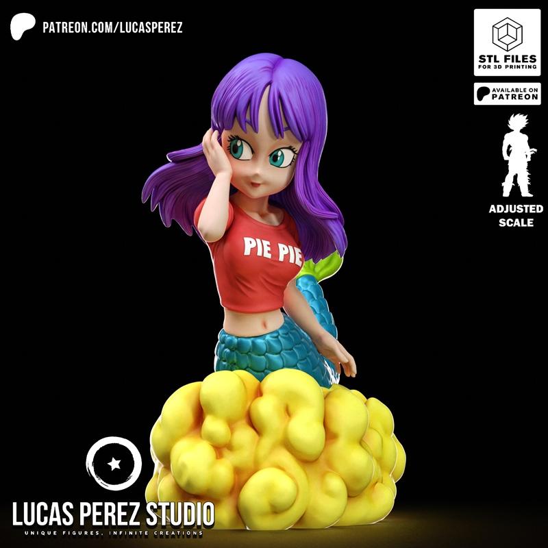 Chibi mermaid figure of Launch from Dragon Ball, with purple hair, red 'PIE PIE' shirt, blue-green tail, and yellow c...