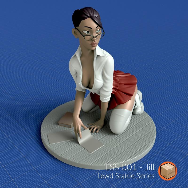 Stylized female figure 'Jill' kneeling on a base, wearing glasses, a low-cut white shirt, red skirt, and thigh-high s...