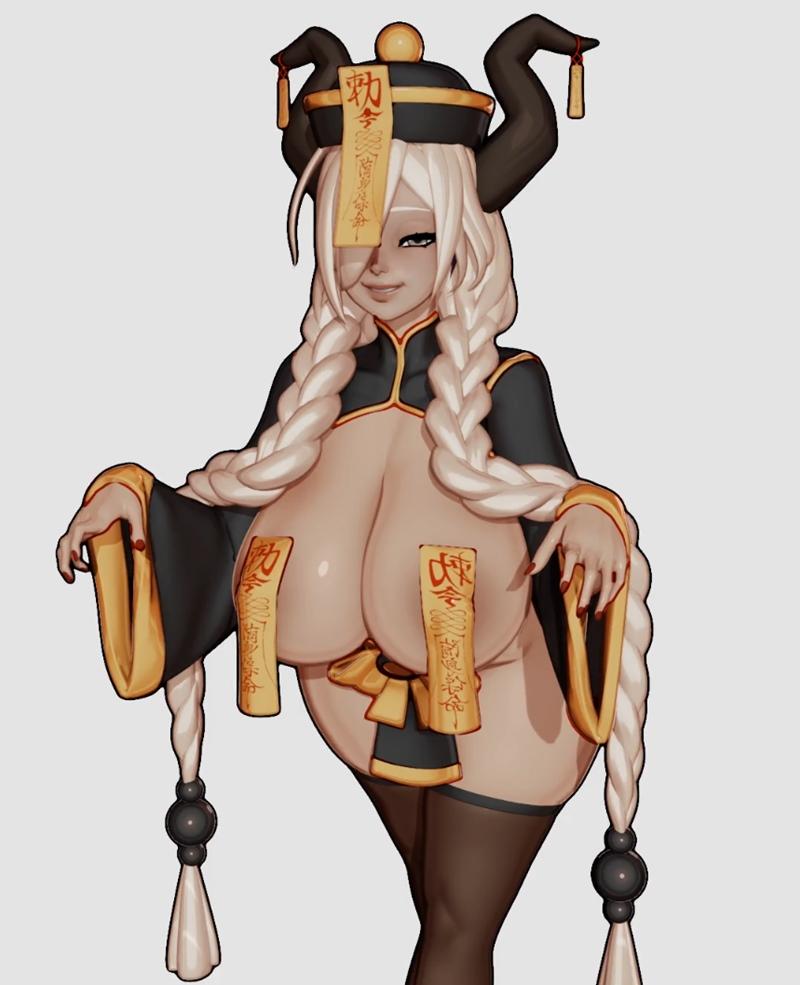 Female Jiangshi Owari character with black and gold traditional Chinese attire, large horns, long blonde braids, and...