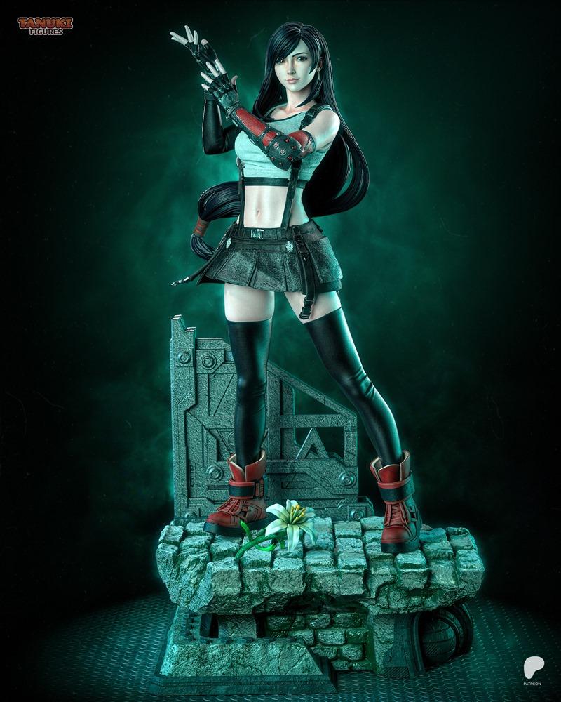 Tifa Lockhart 3D model figure by Tanuki Figures, standing on a stone base with a flower, wearing a crop top, short sk...