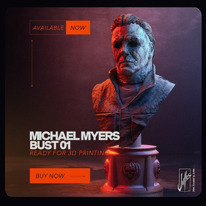 3D printable bust of Michael Myers from Halloween, wearing his mask and jacket, displayed on a horror-themed base.