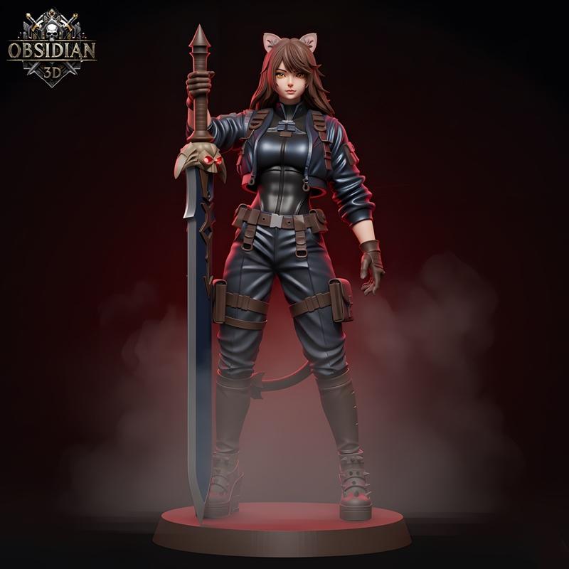 3D model of a female cat warrior girl holding a large sword, wearing a leather jacket and tactical pants.