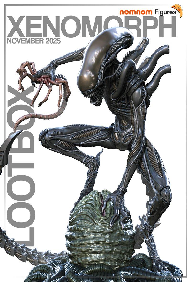 Xenomorph figure from Alien franchise by Nomnom Figures, crouching on an egg with a Facehugger in hand. Detailed biom...