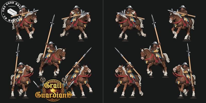 Multiple 3D printed figures of medieval cavalrymen on horseback, each holding a spear. The figures are detailed with...