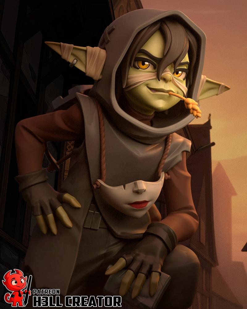 3D model of Nott from Critical Role, a green-skinned goblin with pointed ears, wearing a hooded cloak and a mask, cro...
