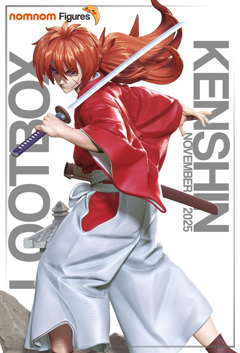 Kenshin Himura from Rurouni Kenshin anime, posed with katana, wearing red kimono and white hakama, studio Nomnom Figu...