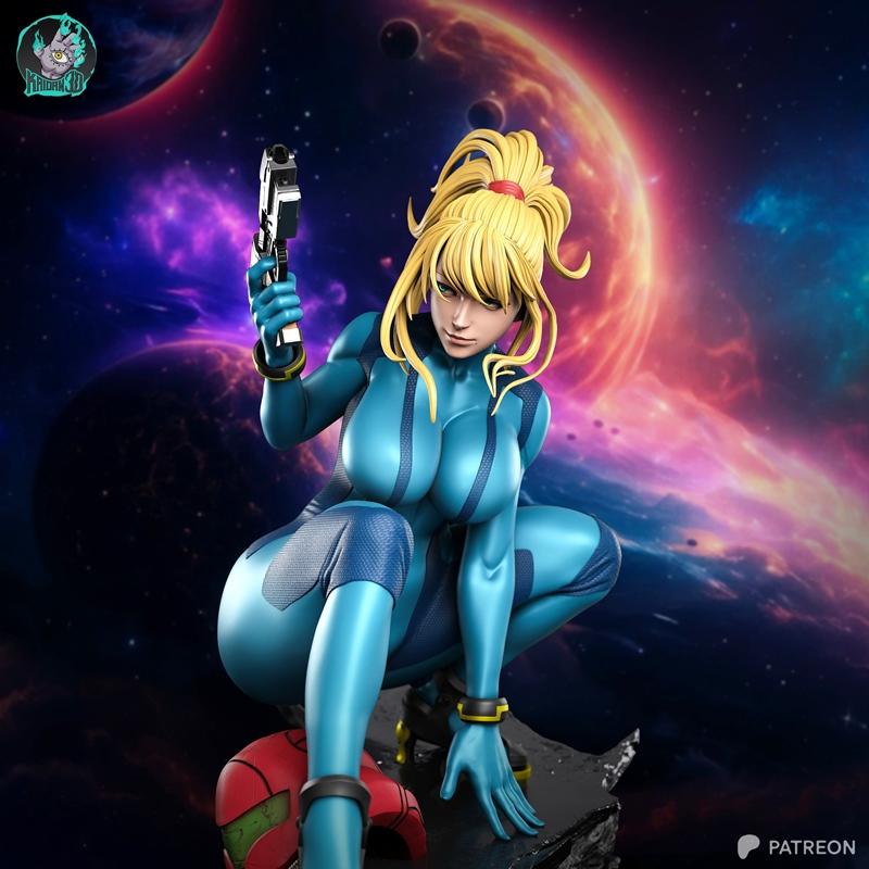 Samus Aran in Zero Suit crouching with a blaster pistol, detailed blue suit with yellow accents, sci-fi background wi...