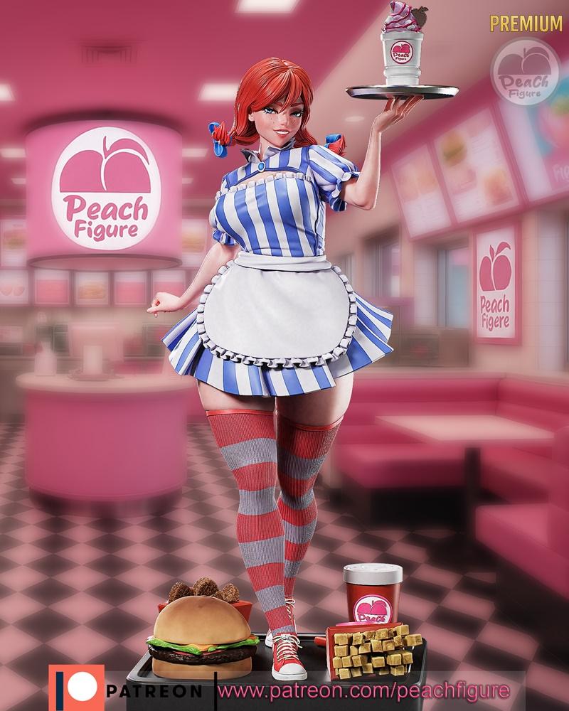Anime-style Wendy's mascot figure in a waitress uniform, holding a milkshake and standing in a diner with a burger an...