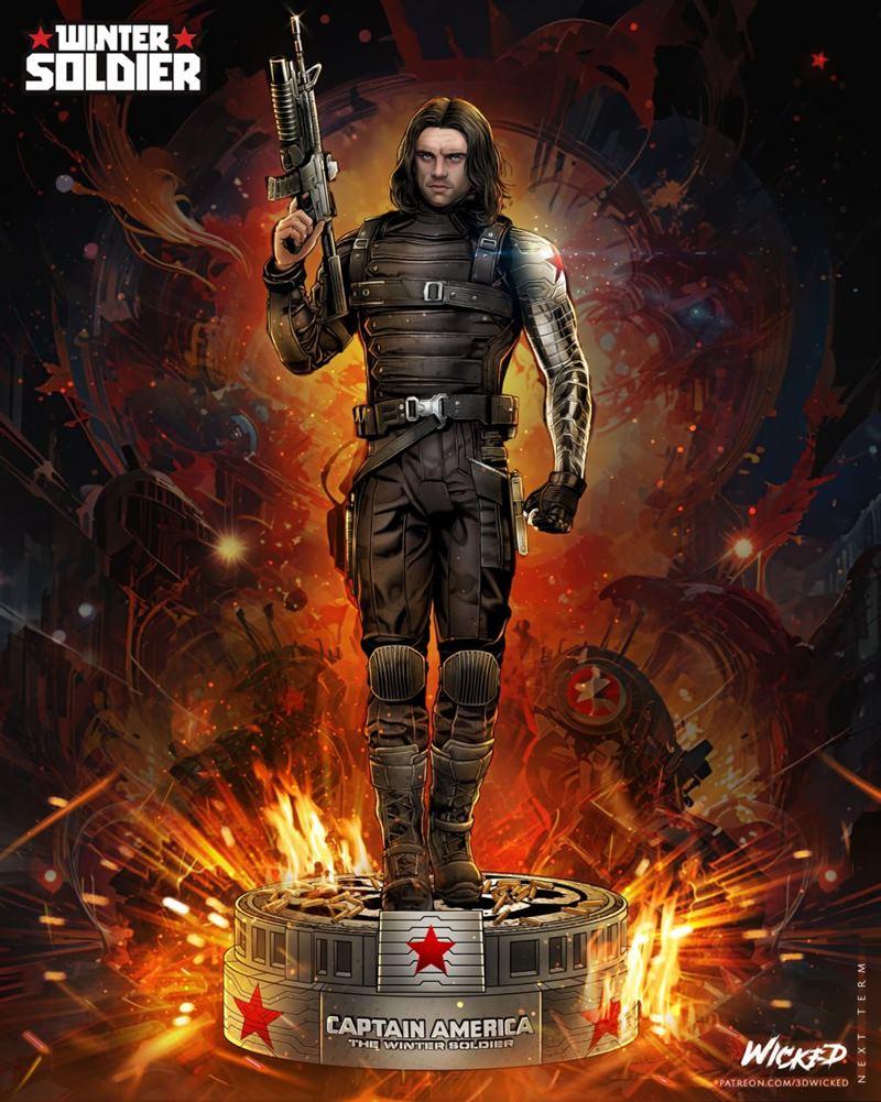 Winter Soldier sculpture holding a rifle, wearing a tactical suit and metal arm, standing on a base with "Captai...