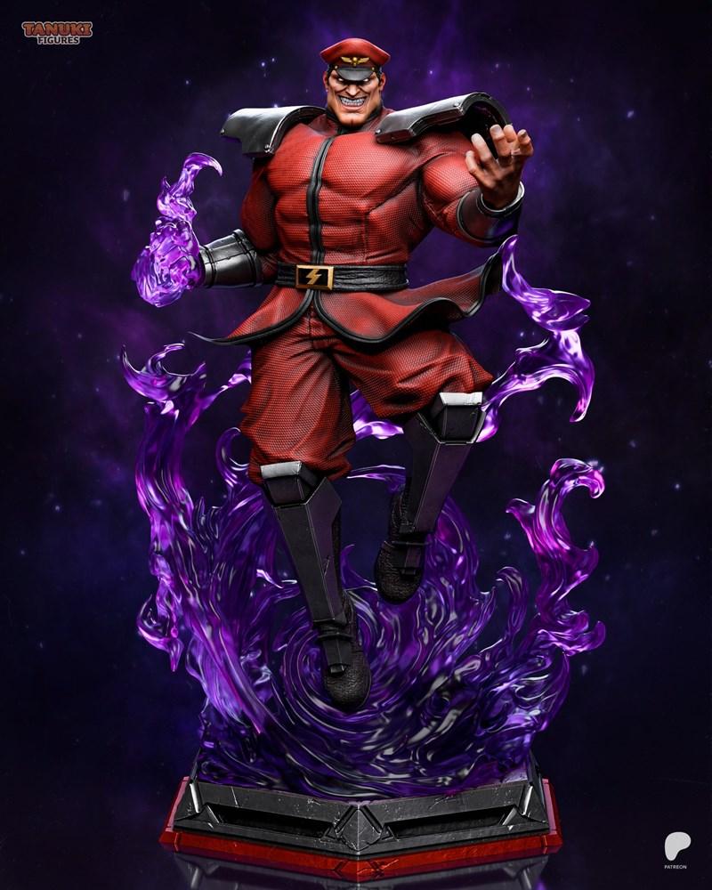 M. Bison 3D model from Street Fighter, levitating in a red uniform with purple energy effects, by Tanuki Figures.