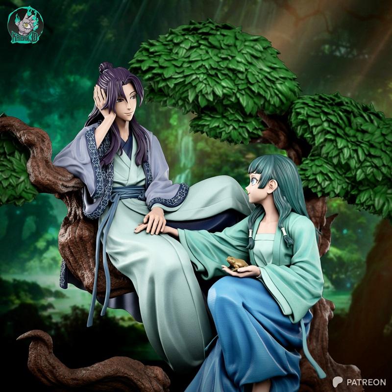 Jinshi and Maomao from Kusuriya no Hitorigoto anime sitting on a tree branch, Jinshi leans on his hand, Maomao holds...